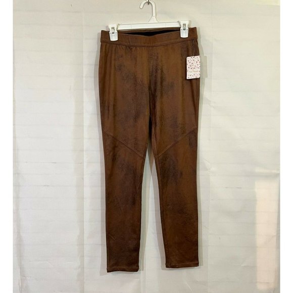 Free People Vegan Faux Leather Leggings Distressed Brown NWT 28" Elastic Waist - Picture 1 of 7